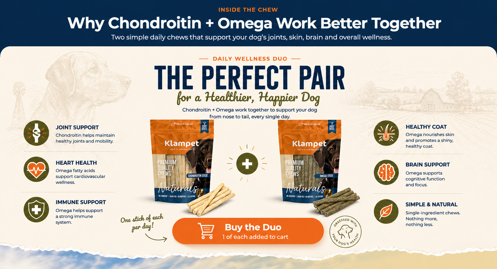 Why Chondroitin and Omega Work Better Together. The perfect daily wellness pair with joint, heart, immune, coat, brain and simple ingredient benefits.